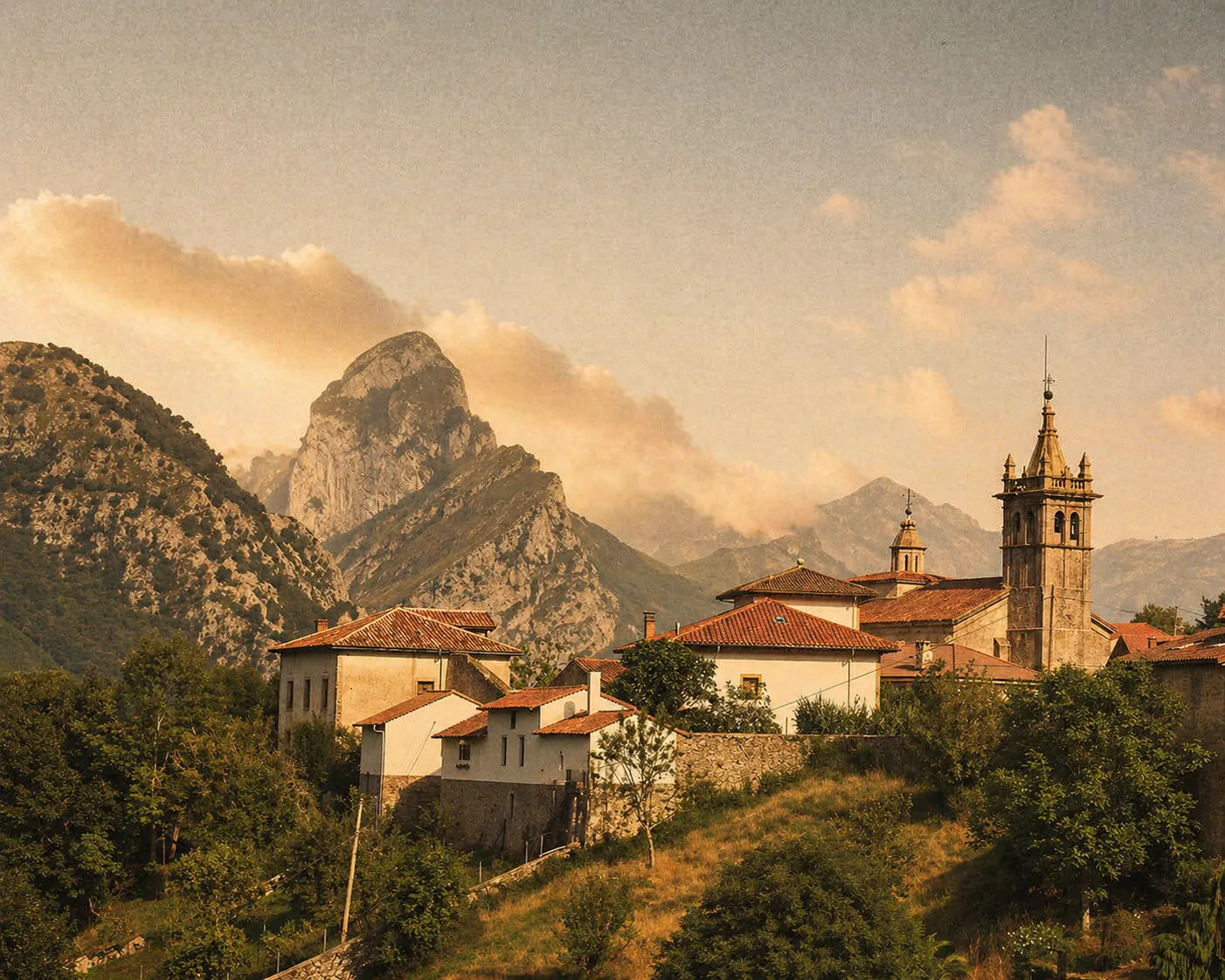 Vista de Alles con casona indiana e iglesia al atardecer, montañas de fondo