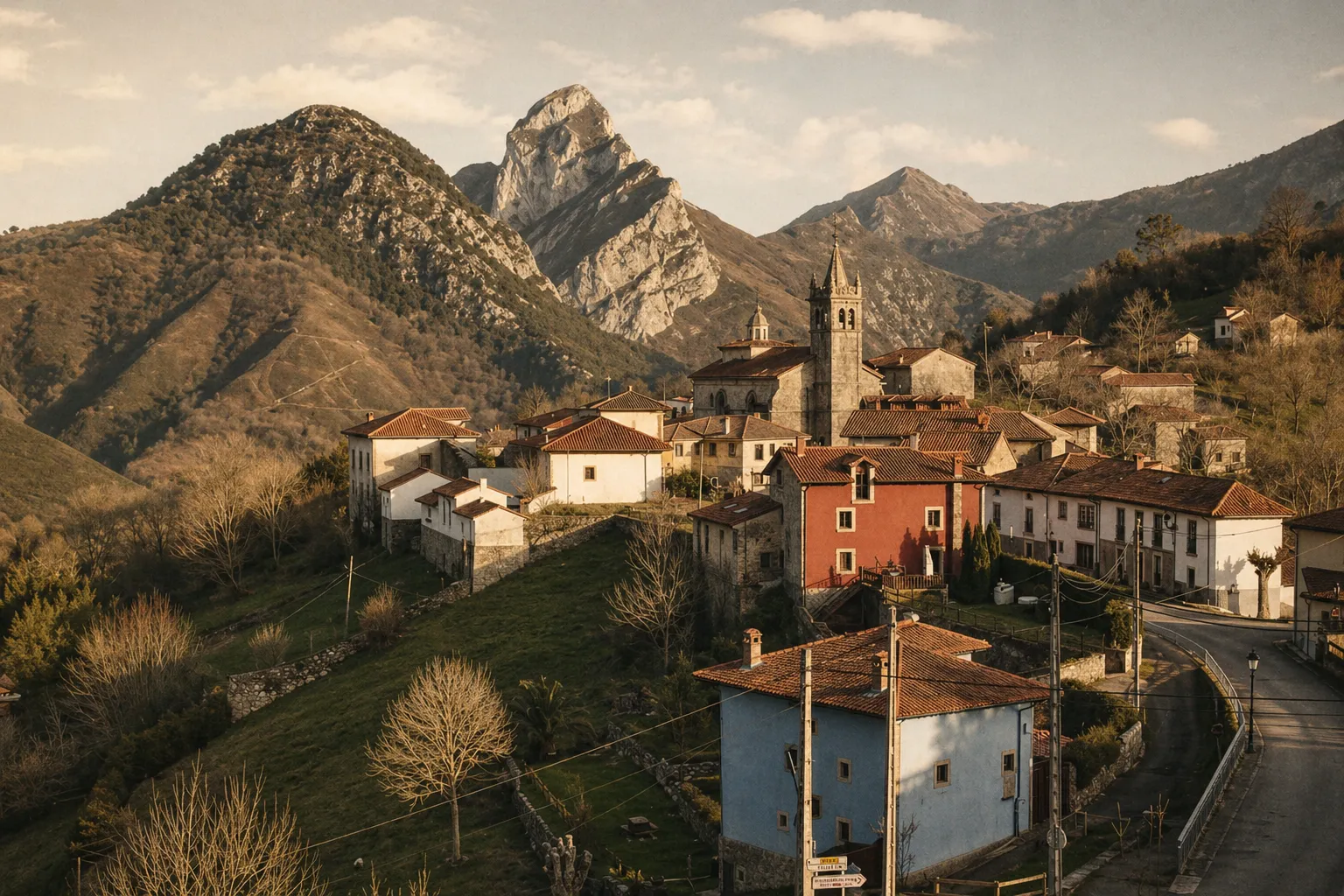 Vista panorámica de Alles con casas de colores e iglesia, montañas al fondo