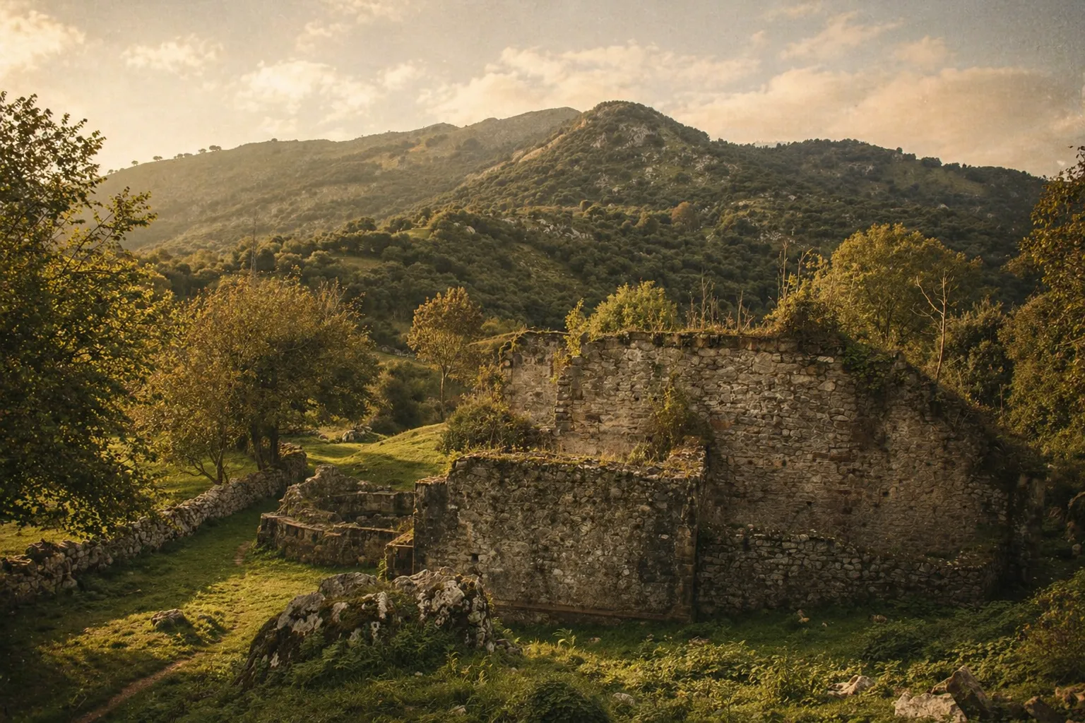 Antigua construcción de piedra en Alles, vegetación y montaña al fondo